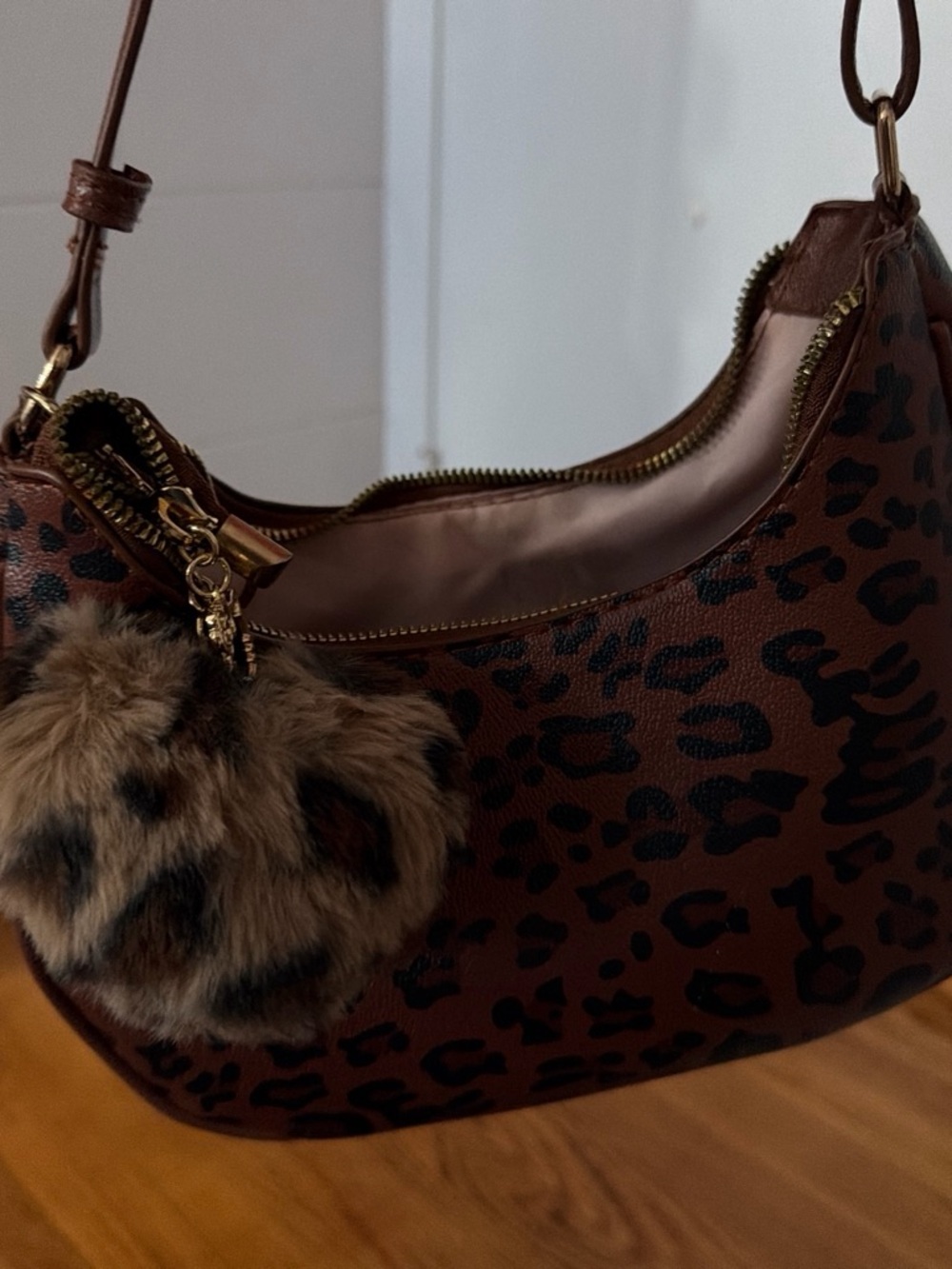Brown Leopard Print Shoulder Bag with Faux Fur Pom Pom